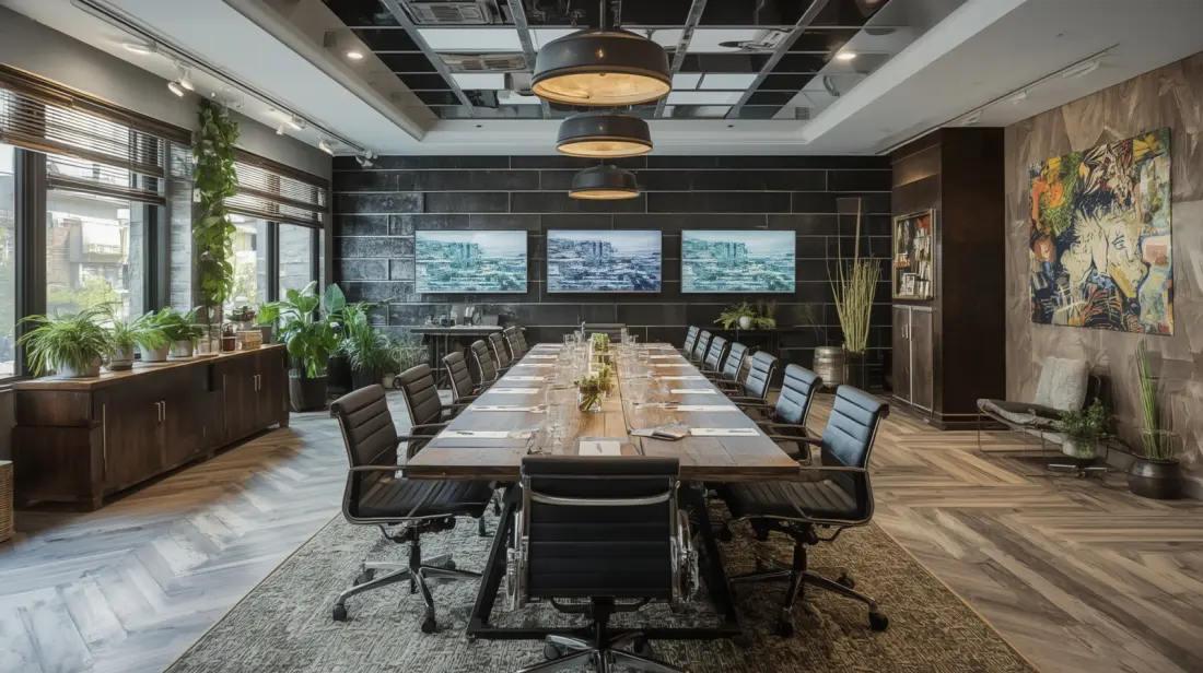 The board room at Switchyard Suites, a long table under a dark slate wall with screens