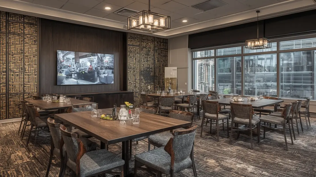 A breakout room at Switchyard Suites, grouped meeting tables beside a large window