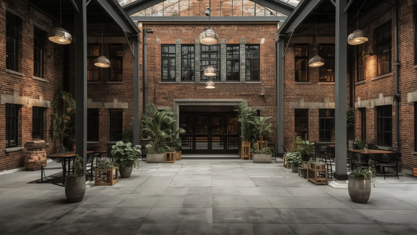 The cafe at Switchyard Suites, timber and brick seating under skylights