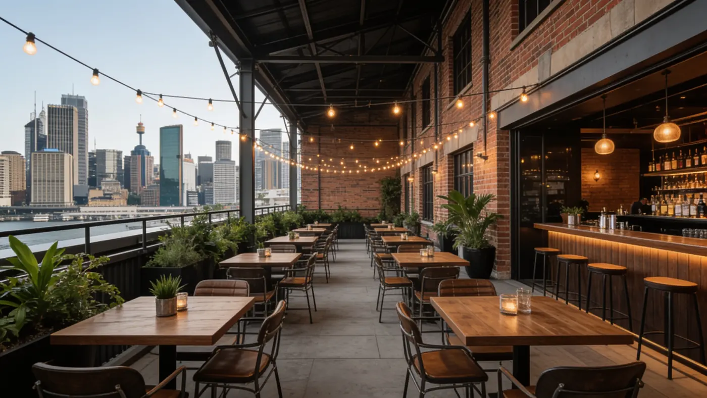 The rooftop bar at Switchyard Suites in Pyrmont, with a view toward the city