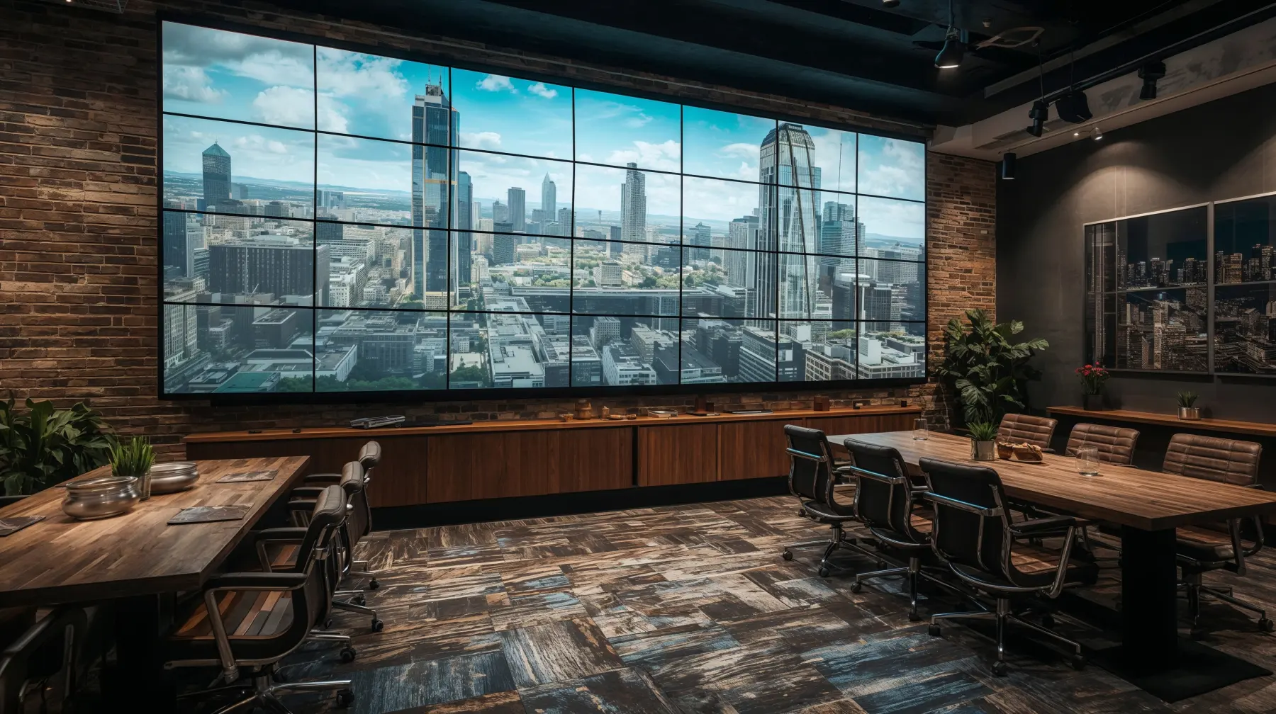 The situation room at Switchyard Suites, a wall of screens showing a live city view above a long timber table