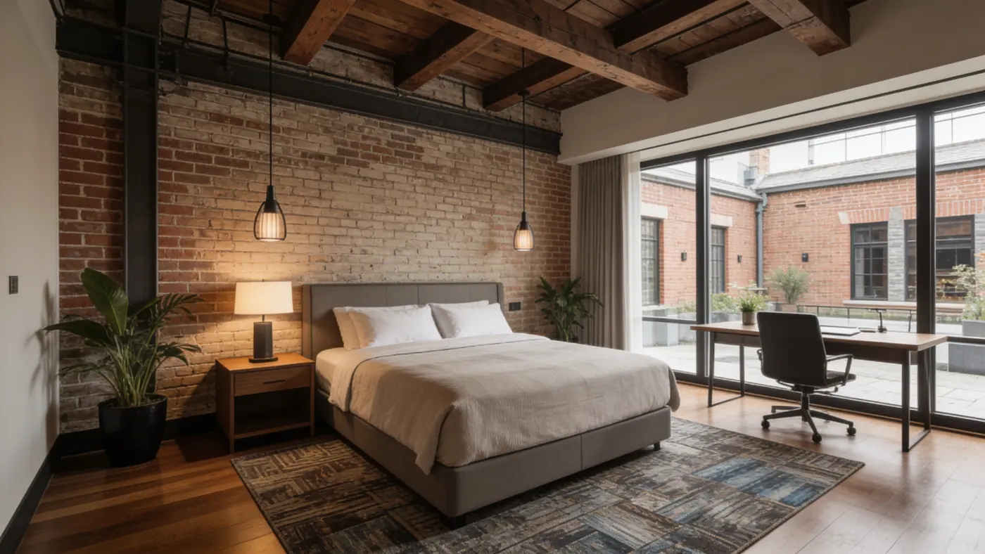 A serviced suite at Switchyard Suites, exposed brick with a timber headboard and white linen