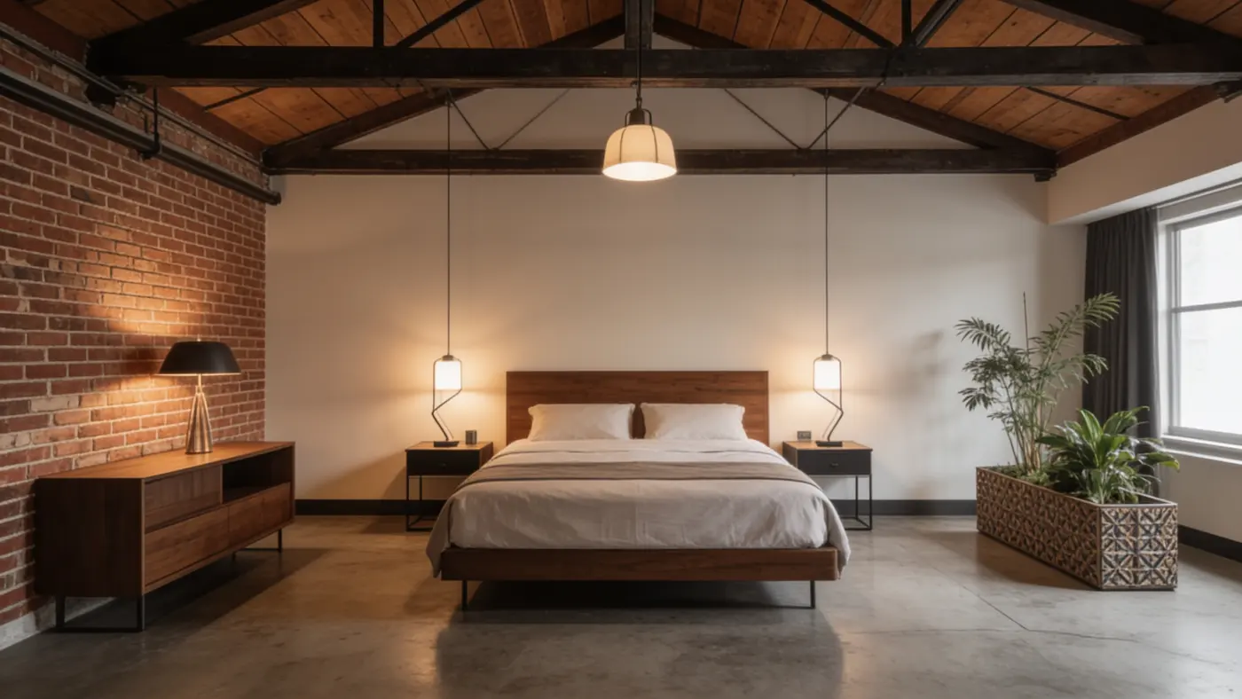 A serviced suite at Switchyard Suites with warm lamplight and warehouse windows